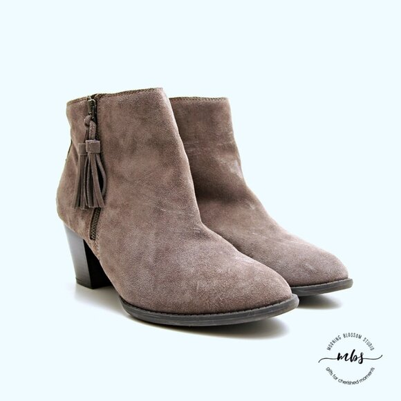 Vionic Madeline Greige Tassel Suede Leather Ankle Boots - Picture 3 of 16